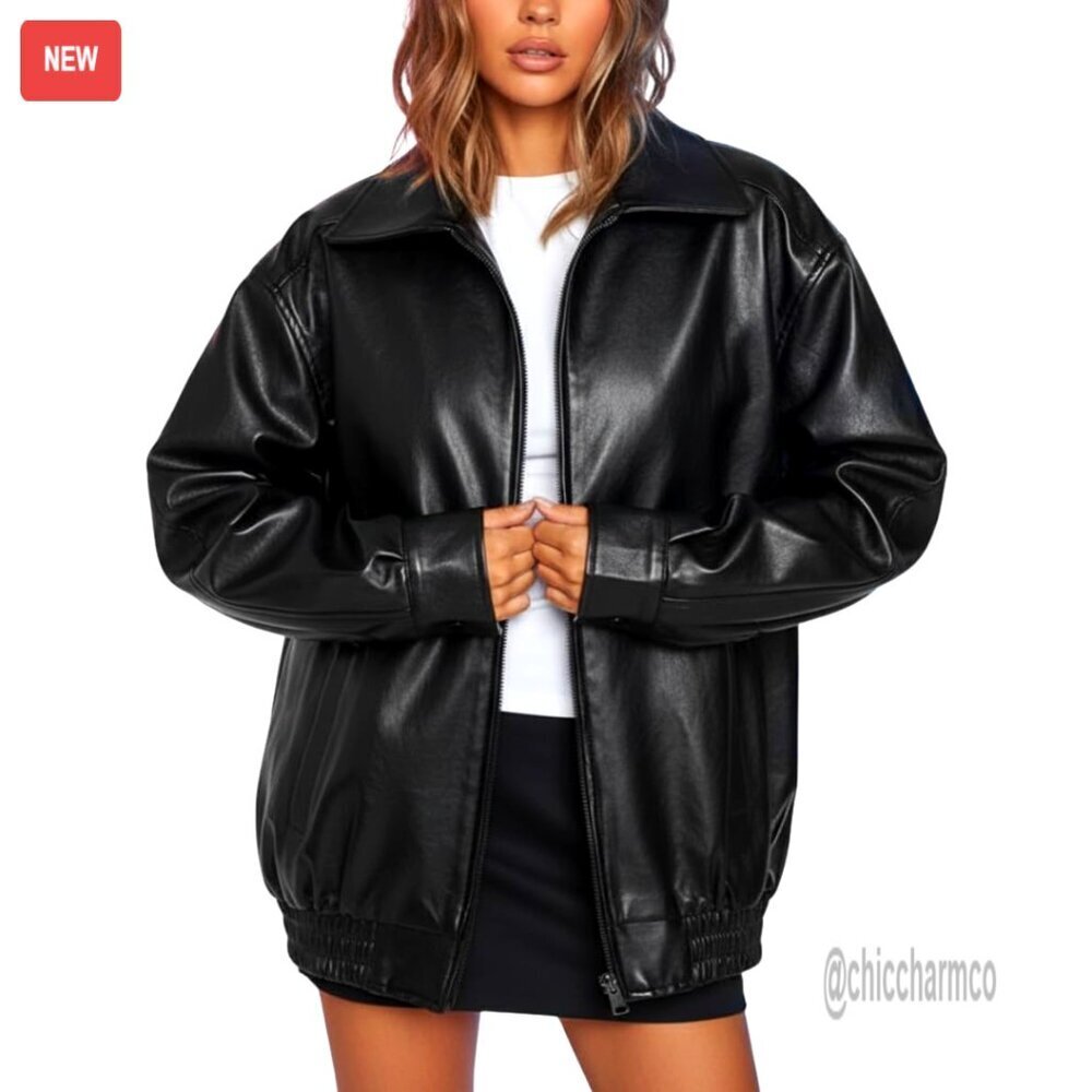 Oversized Lambskin Leather Motorcycle Jacket Plus Size Fall Coat